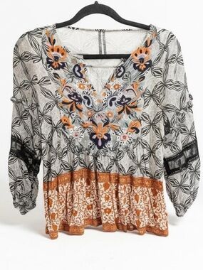 Anthropologie Cream Tunic with Orange and Navy Embroidery